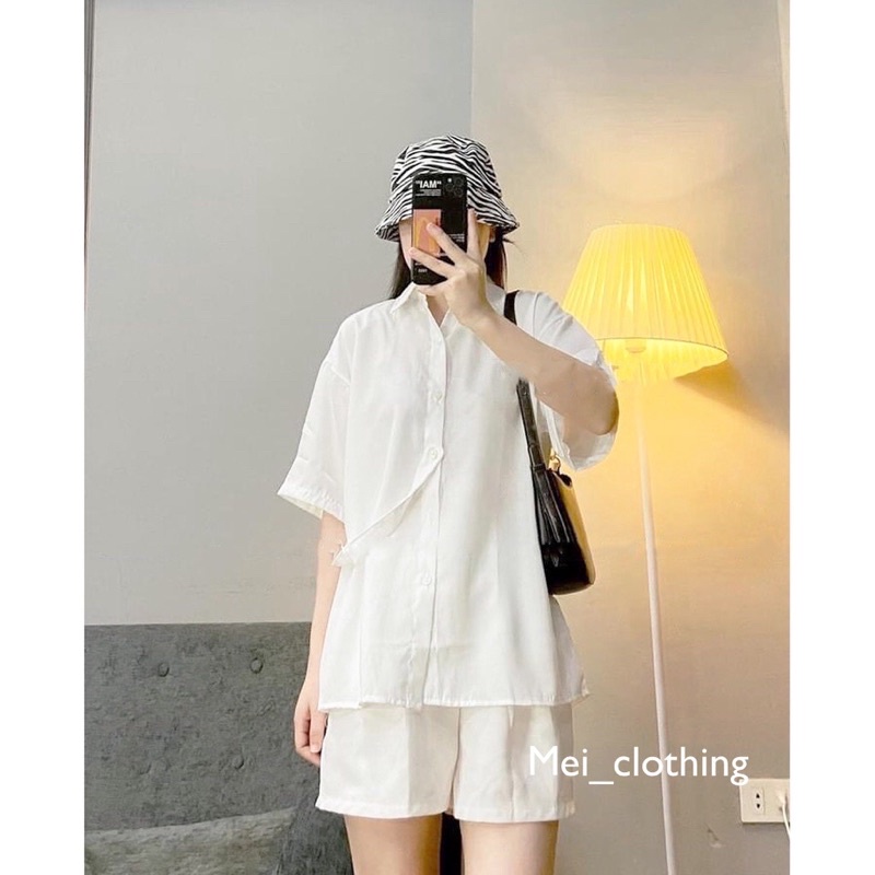 [Ảnh thật/video] Áo sơmi trơn cộc tay ĐÍNH DÂY BÊN lạ mắt