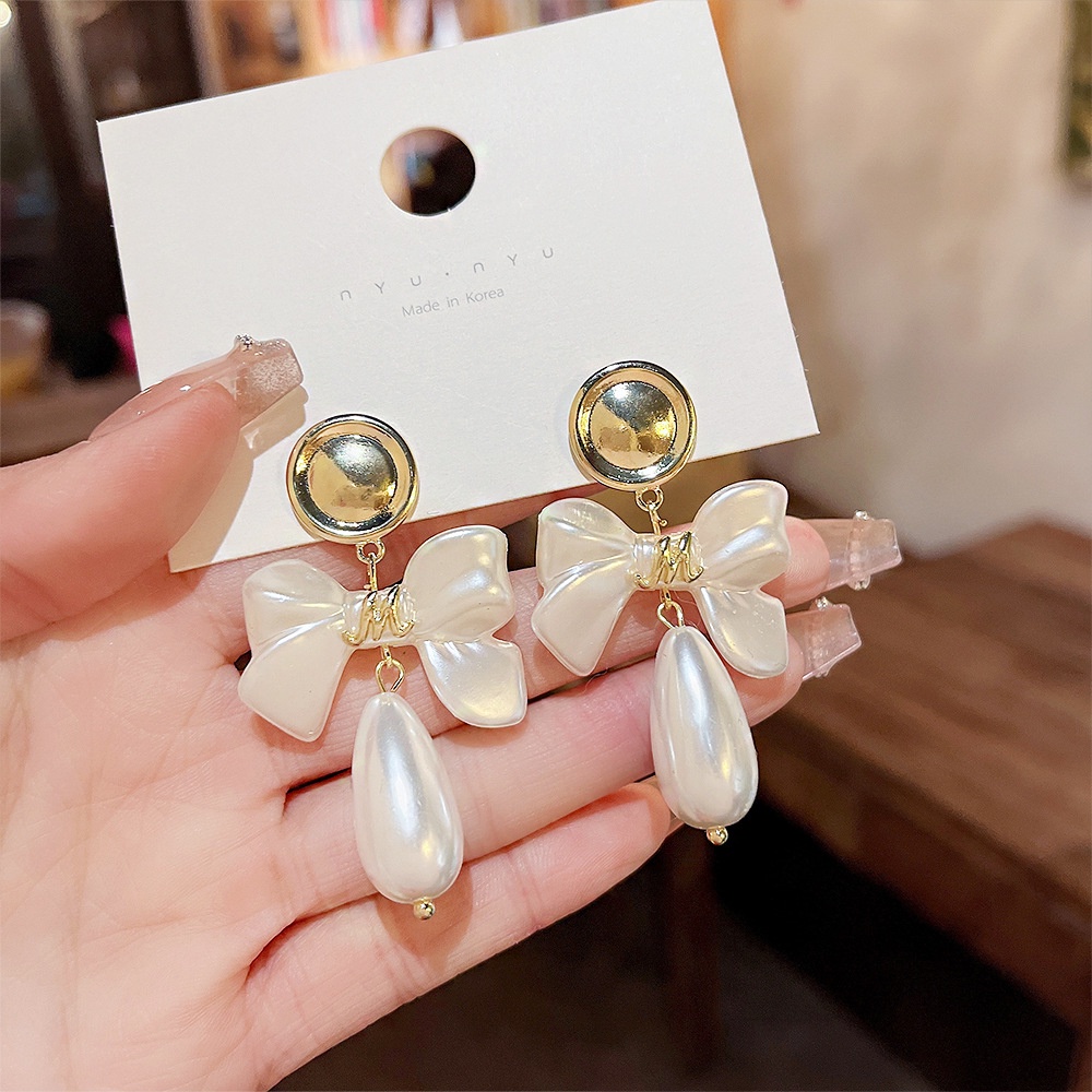 Bông Tai Mạ Bạc 925 Hình Nơ Đính Ngọc Trai Phong Cách Hàn Quốc