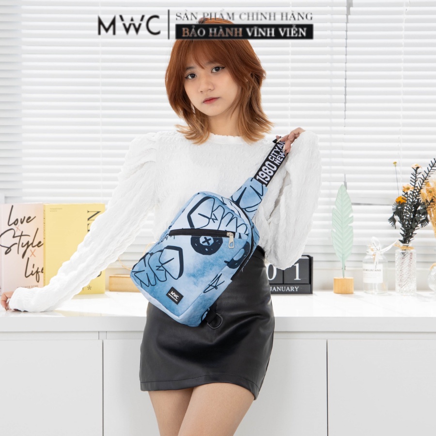 Balo MWC 0815 - Túi Đeo hông unisex, Túi Đeo Chéo Mini Vải Canvas Họa Tiết 2 Ngăn Thời Trang