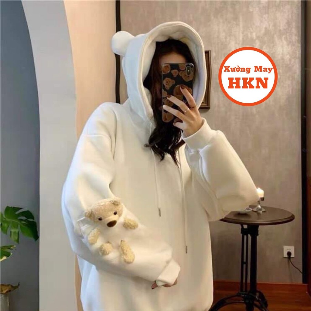 Áo Hoodie Nữ Tay Gấu Bông Mũ Có Tai 3 Màu Chất Liệu Nỉ Mã 642 Xưởng May HKN