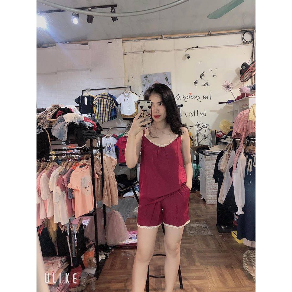 Đồ Ngủ Nữ 2 Dây Đũi - Áo 2 Dây Viền Diềm Màu Đỏ - Quần Đùi - Mút Ngực - Mặc Thoáng Mát - Không Nhăn Nhàu, Không Xổ Lông | BigBuy360 - bigbuy360.vn