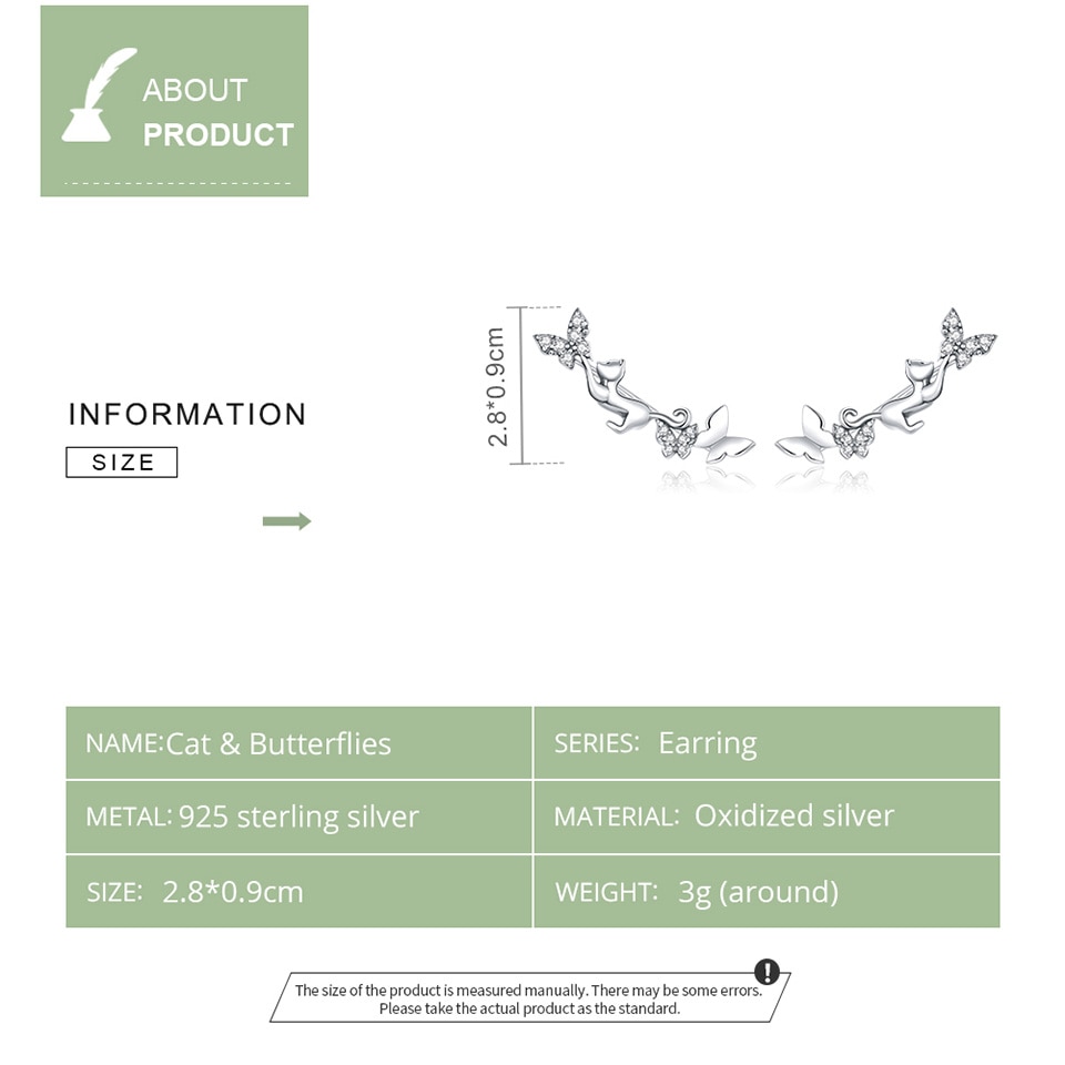 Bông tai xỏ Bamoer SCE961 Brinco 2020 Bijoux bằng bạc 925 hình mèo và bướm cho nữ