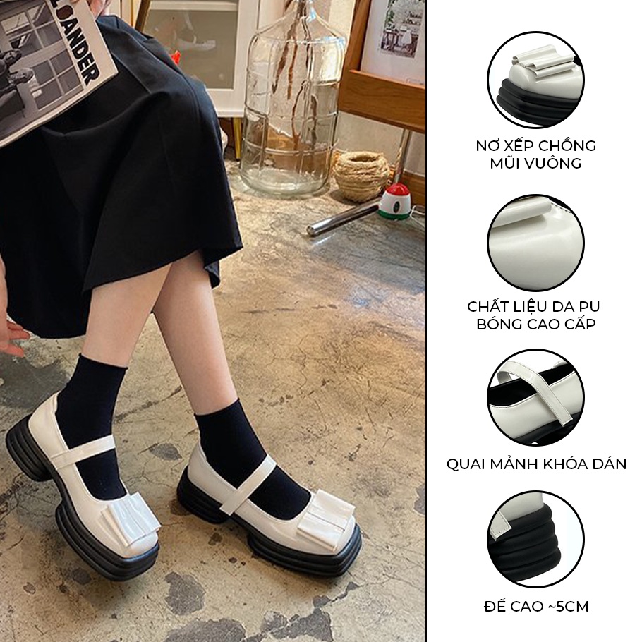 Giày Lolita Ulzzang Vintage Giày Mary Jane Mũi Vuông Nơ Xếp Chồng Quai Mảnh Khóa Dán Đế Độn 5cm Hàn Quốc-Iclassy_shoes