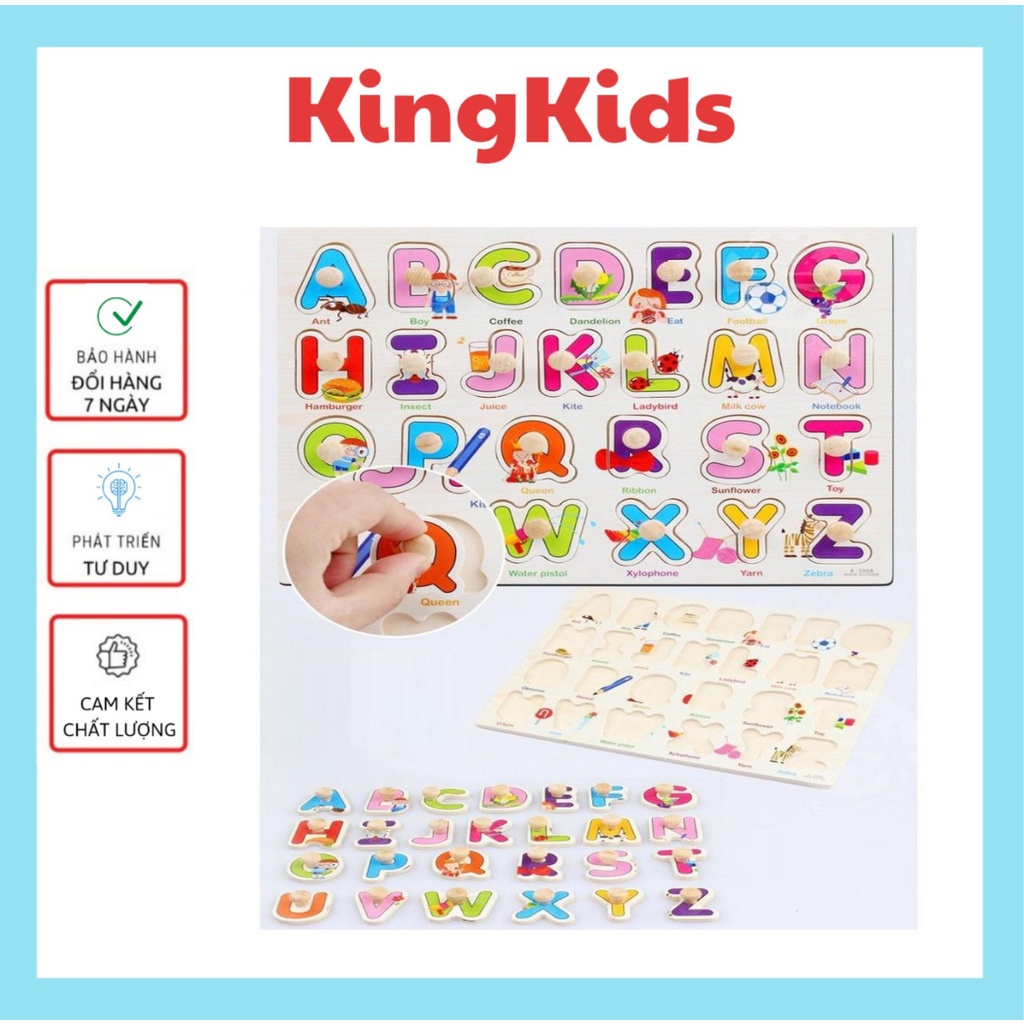 Bảng gỗ ghép hình thông minh có núm cho bé học chữ số và nhiều chủ đề KingKids