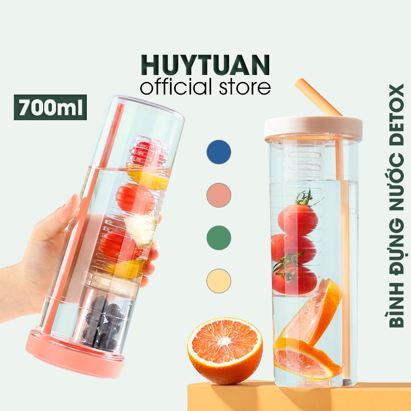 Bình đựng nước 700ml - Bình detox trong suốt có ngăn lọc và ống hút
