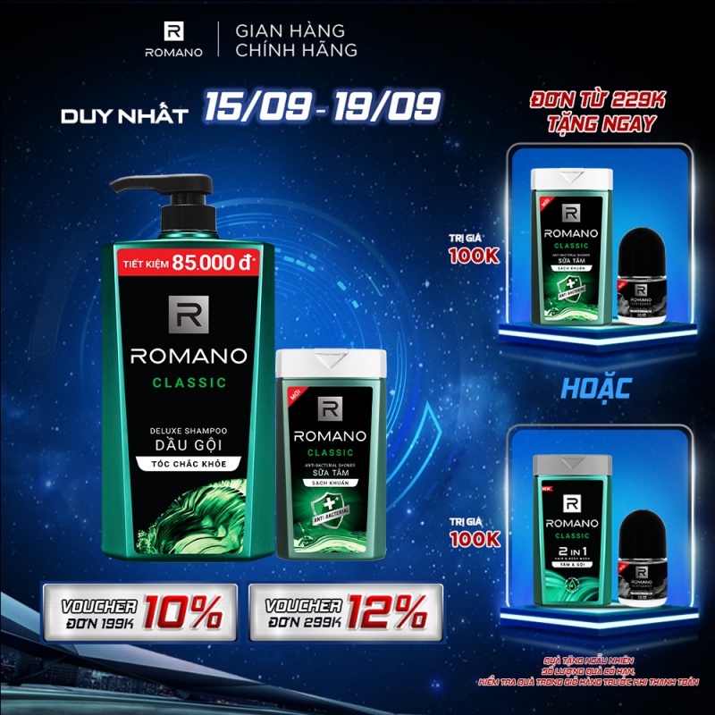 Dầu gội nam Romano Classic 900g + Sữa tắm sạch khuẩn Classic 180g