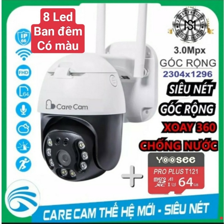 Camera Wifi CARECAM 5.0MP Hoặc 3.0MP, Ngoài trời Xoay 360đ, Chống nước, Ban đêm có màu