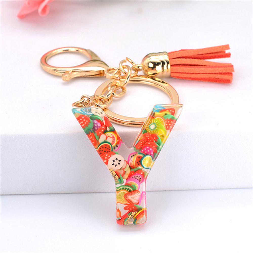 Móc Khóa Hình 26 Chữ Cái Gắn Lát Trái Cây Màu Sáng Phối Tua Rua Thời Trang Cho Nữ