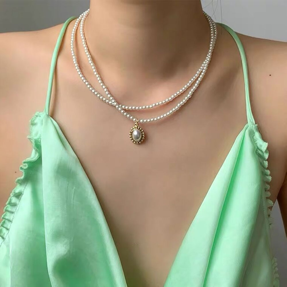 Vòng Cổ Choker Hai Lớp Gắn Ngọc Trai Dễ Thương Phong Cách 2021