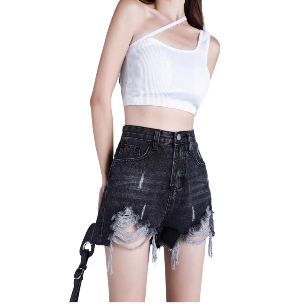 Quần short jean nữ BigSize lưng cao trên rốn, co dãn mạnh, tua lai, màu XÁM ĐEN rách bụi dành cho người mập 4342 MLJ
