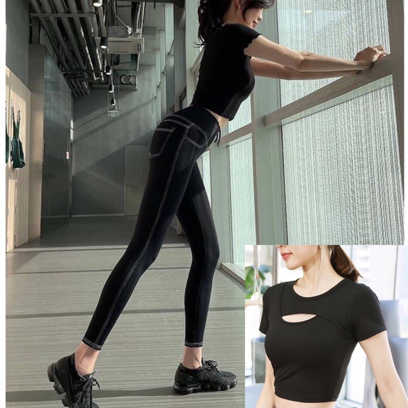 Bộ quần áo thể thao tập gym yoga nữ - Bộ croptop hở ngực đan dây lưng có sẵn mút