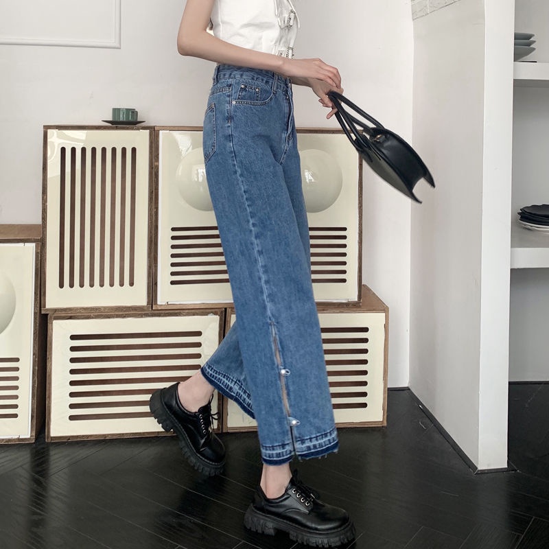 Quần Denim Dài Lưng Cao Xẻ Tà Đính Hạt Thời Trang Mùa Hè Mới 2022 Cho Nữ