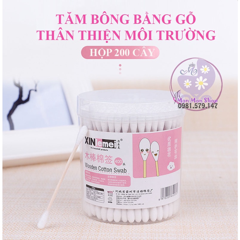 Hộp 200 tăm bông cotton thân gỗ thân thiện môi trường dùng cho trẻ em và người lớn