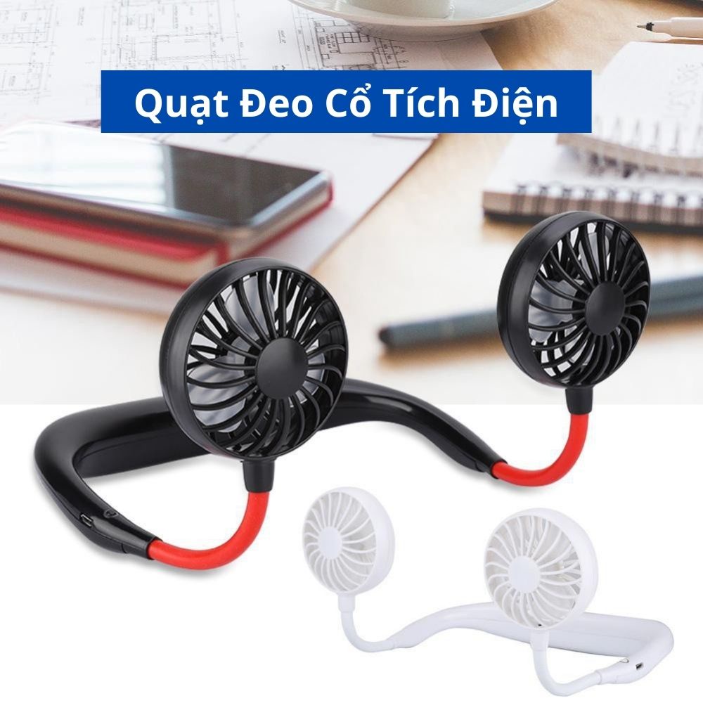 Quạt mini đeo cổ tích điện sạc pin usb loại quàng cầm tay chữ U máy nhỏ 3 cấp độ gió siêu mát