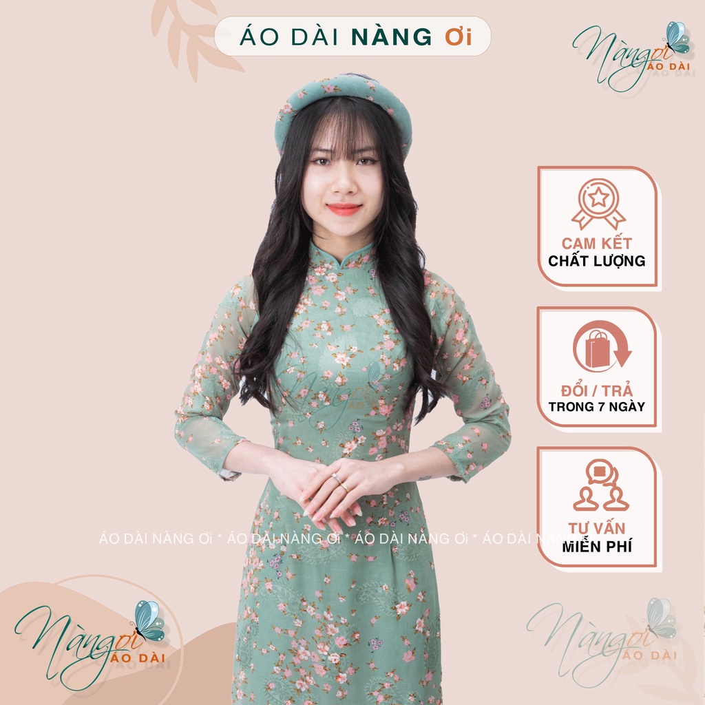 Áo dài hoa nhí xanh rêu 4 tà truyền thống Tiệm 90 may sẵn vải áo dài lụa tơ ép dự tiệc lễ tết đẹp AD90034
