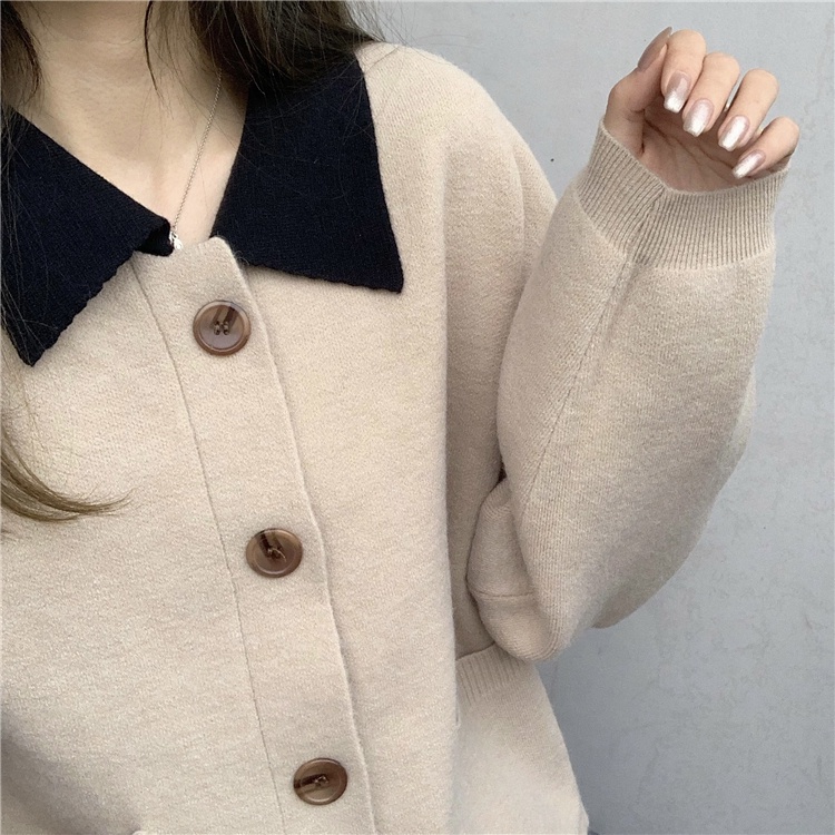 Áo khoác Cardigan dệt kim tay dài 173759Áo Sweater cổ POLO dáng rộng phối nút màu sắc trẻ trung xinh xắn | BigBuy360 - bigbuy360.vn