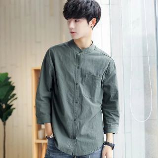 Áo sơmi nam cổ tàu màu trơn thanh lịch tay lỡ có cúc xắn tay hàng TQXK cao cấp