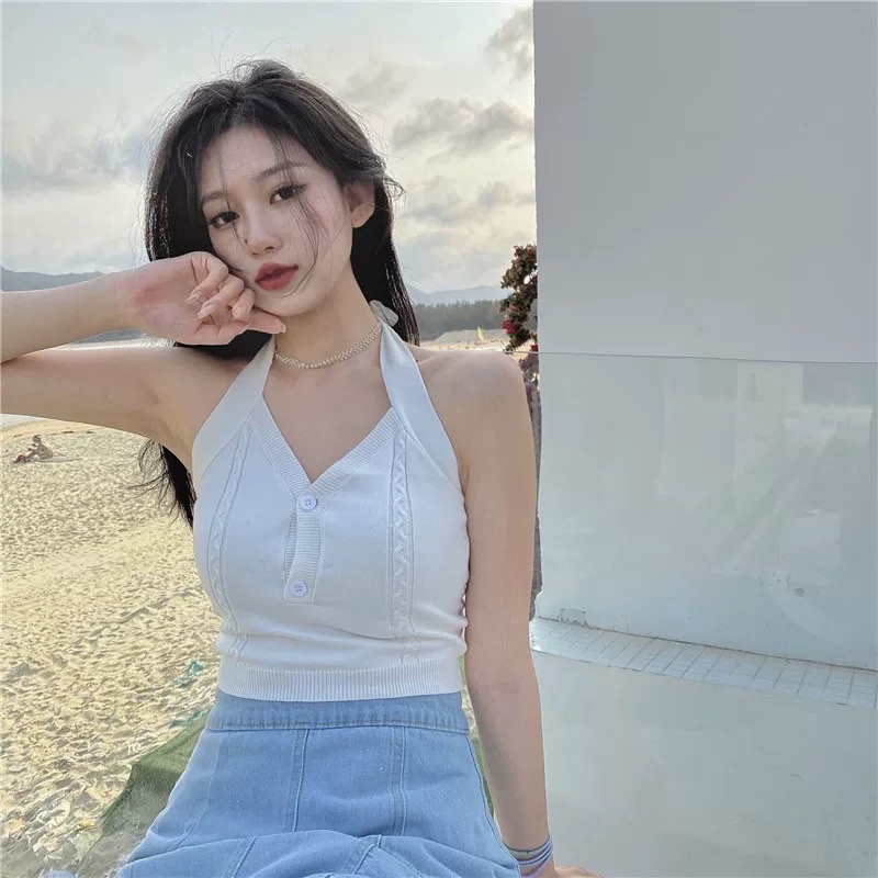 Áo Croptop Dệt Kim Khuy Cài Ngực, Cổ Yếm Hàng Cao Cấp Siêu Xinh