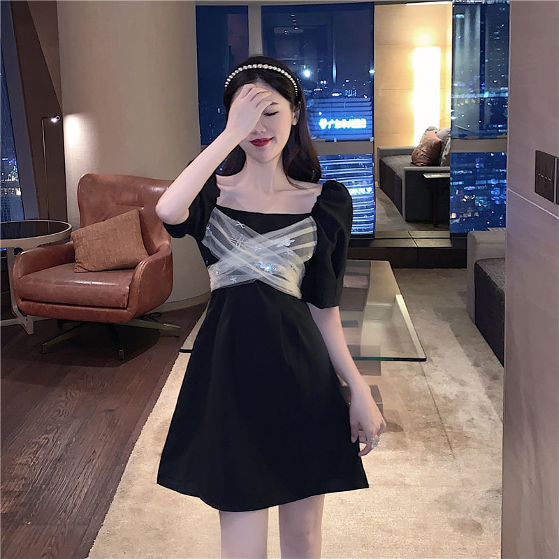 Phong Cách Hàn Quốc A Line Dress Mesh Stitching Design Summer Square Collar Puff Sleeve Women