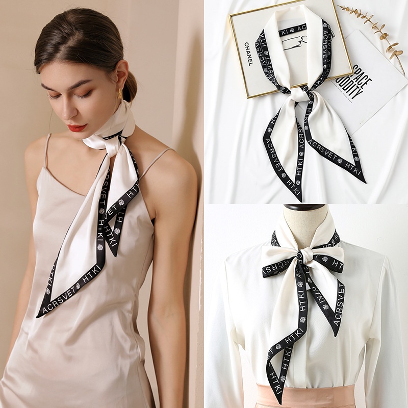 Khăn Choàng Lụa Dáng Vuông In Chữ Phối Dây Ruy Băng Dài 24 Giờ Thời Trang Mùa Xuân Mới 2022 Cho Nữ