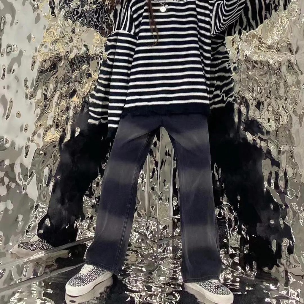 Quần Jean Dài Eo Cao Dáng Rộng In Màu Nhuộm Đen Phong Cách Hàn Quốc Thời Trang Cho Nam Và Nữ