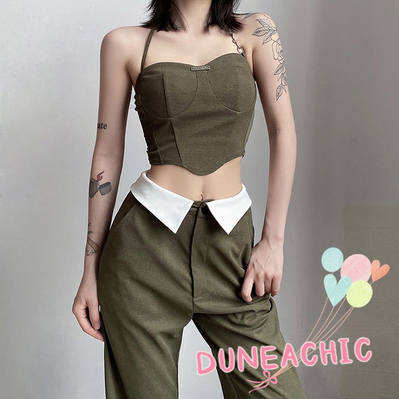 DUNEA Set đồ gồm áo 2 dây lửng và quần dài ống rộng lưng cao thời trang dành cho nữ