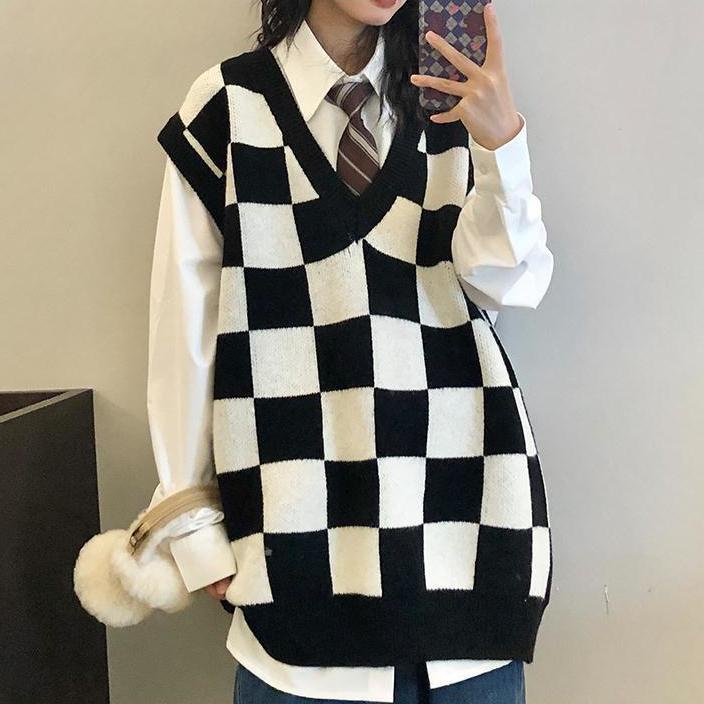 【Keroro】Áo Gile len đan nữ Cổ tim Kẻ sọc Caro Form rộng Phong cách | BigBuy360 - bigbuy360.vn