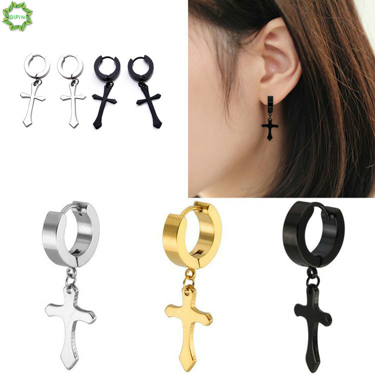 Bông Tai Thép Không Gỉ Hình Chữ Thập Phong Cách Gothic