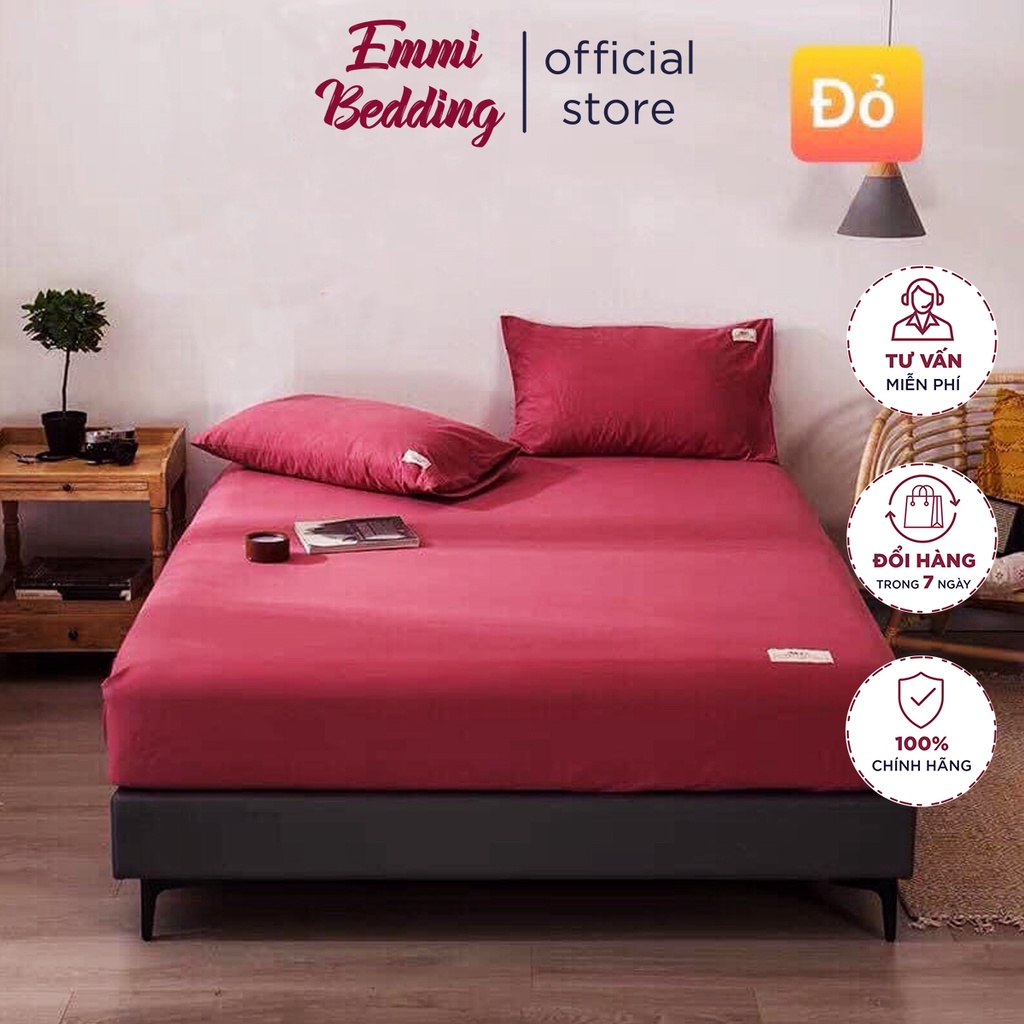 Bộ Ga giường, ga gối TC trơn màu đỏ EmmiBedding gồm 1 ga và 2 áo gối nằm