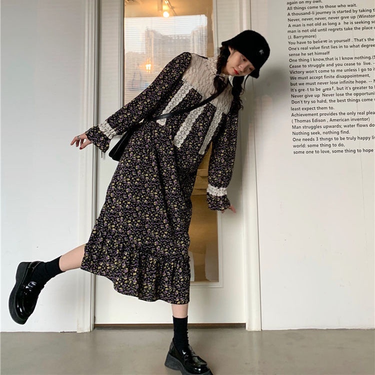 Đầm Hoa Phối Ren Thời Trang Thu Đông Cho Nữ