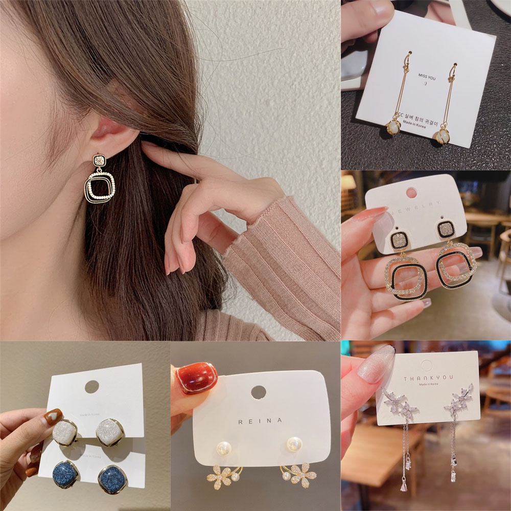 Khuyên Tai Hai Lớp Đính Đá Opal Hình Học Tua Rua Thanh Lịch Thời Trang Cho Nữ