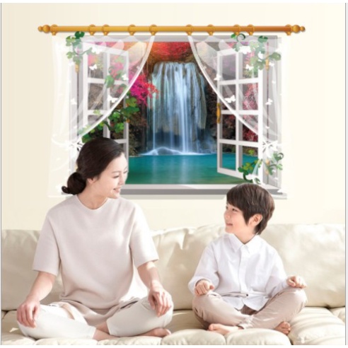 Decal giấy dán tường mẫu Cửa sổ rèm voan trắng trang nhã