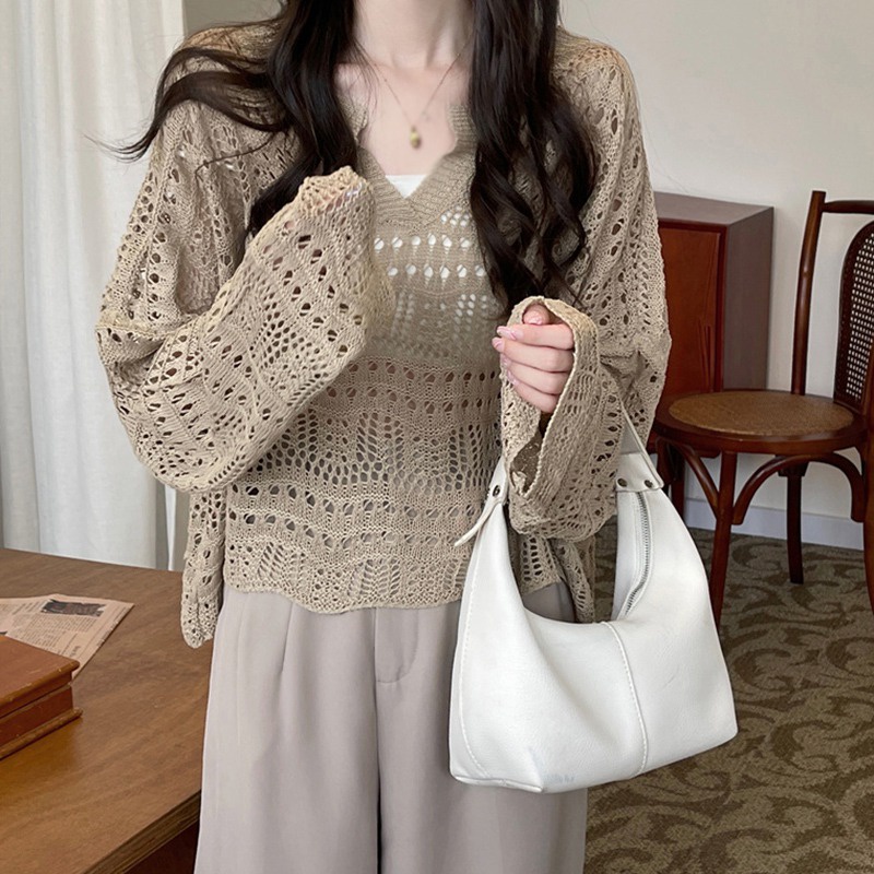 Áo Len Tay Dài Cổ Chữ V Màu Sắc Đơn Giản