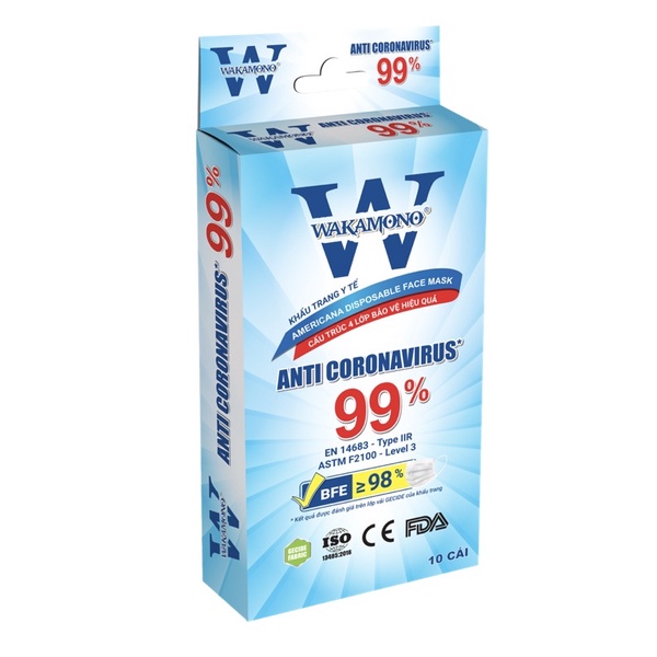 Khẩu trang y tế WAKAMONO diệt Virus Corona 99% (1 hộp 10 cái) Thương hiệu: WAKAMONO