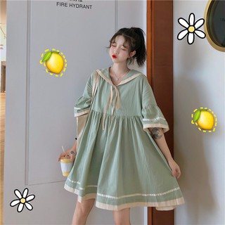 Đầm baby doll tay lỡ tay phồng cổ áo thủy thủ hải quần cột dây nơ ulzzang ( 2 màu )