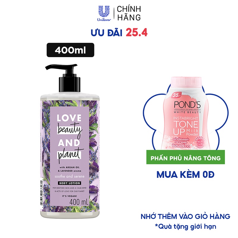 Sữa dưỡng thể LOVE BEAUTY &amp; PLANET dưỡng ẩm dịu nhẹ Soothe &amp; Serene với 100% tinh dầu Argan Morocco 400ml