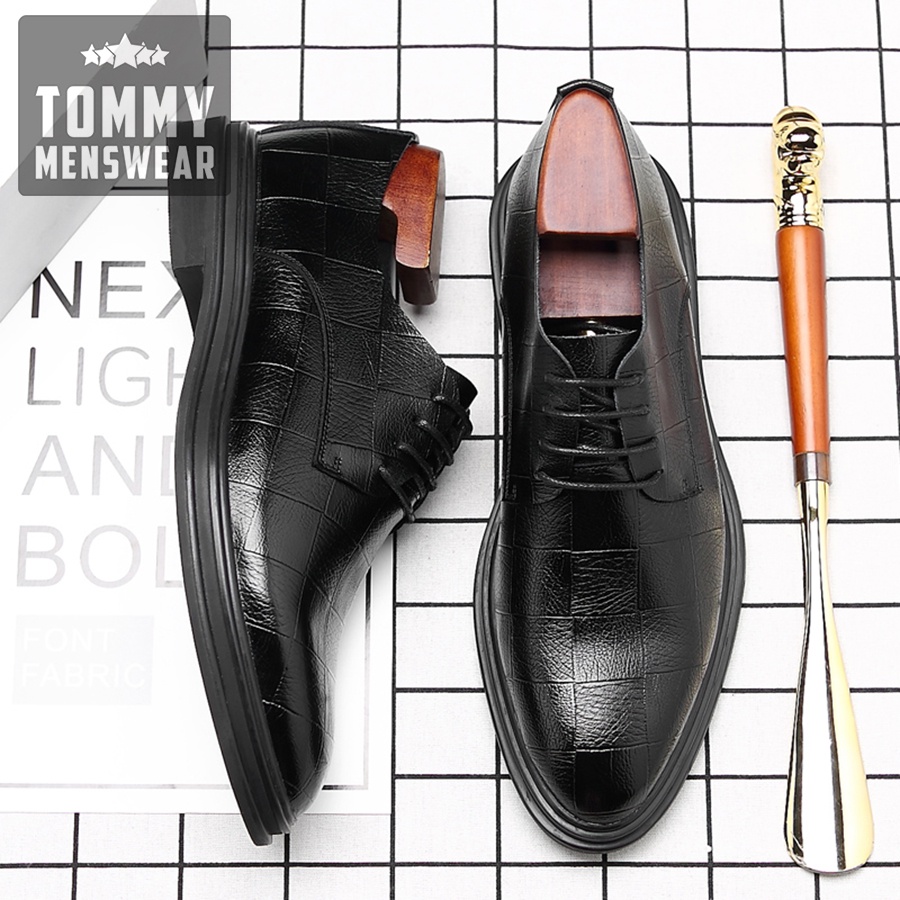 Giày Nam Đen Công Sở Cao Cấp Phong Cách TOMMY Giày Derby Nam Da Bò Thật Hàn Quốc Vân Caro GD90