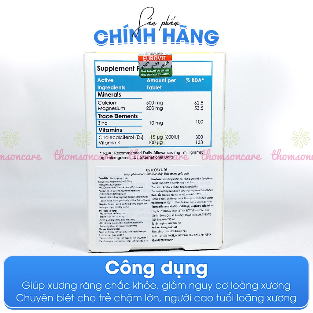 Bổ sung canxi Osteosyl D3 cho trẻ em, phụ nữ có thai, người già loãng xương có thêm Magie, ZinC, Vitamin D3, Vitamin K