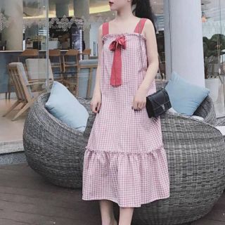 Đầm maxi caro thắt nơ ngực( bầu bí bon chen được nha)
