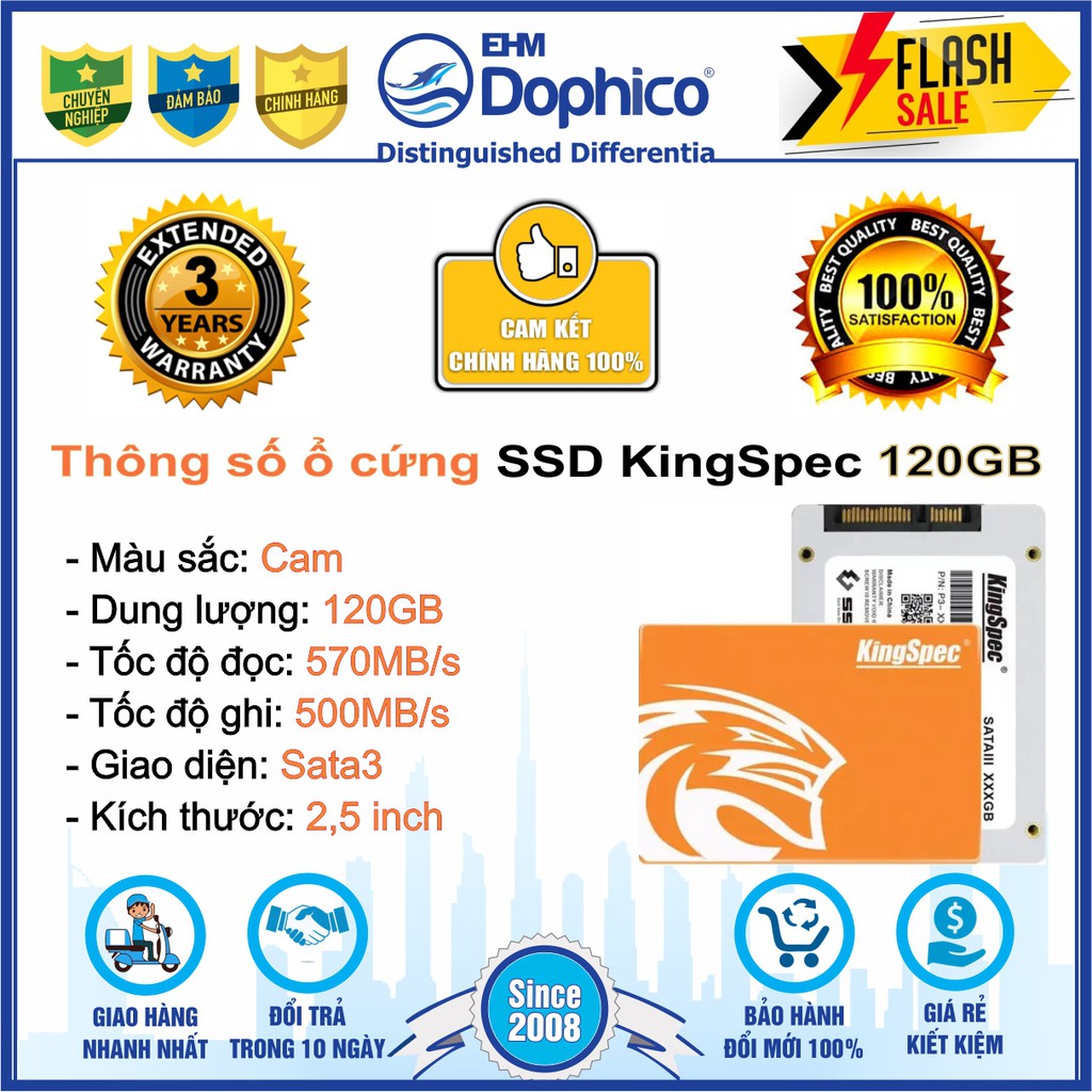 Ổ cứng SSD KingSpec 120GB – CHÍNH HÃNG – Bảo hành 3 năm – SSD 120GB – Tặng cáp dữ liệu Sata 3.0