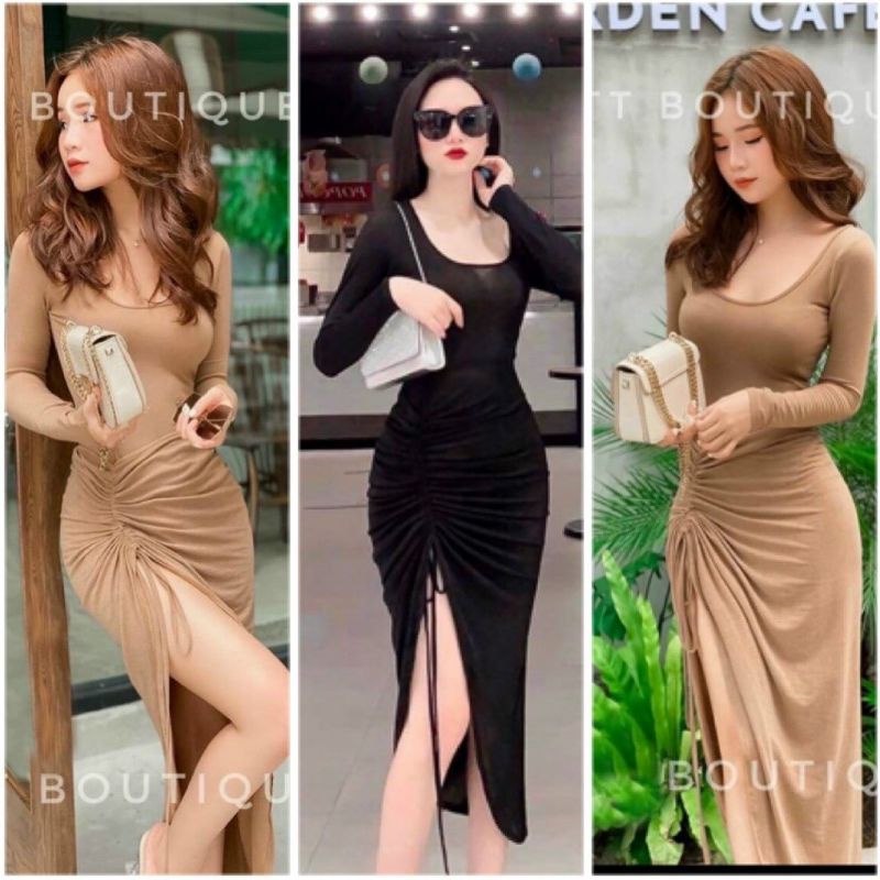 Đầm Thun Cổ U Tay Dài - Dáng Dài Maxi Xẻ Tà Rút Dây Hông Ôm Body Sexy