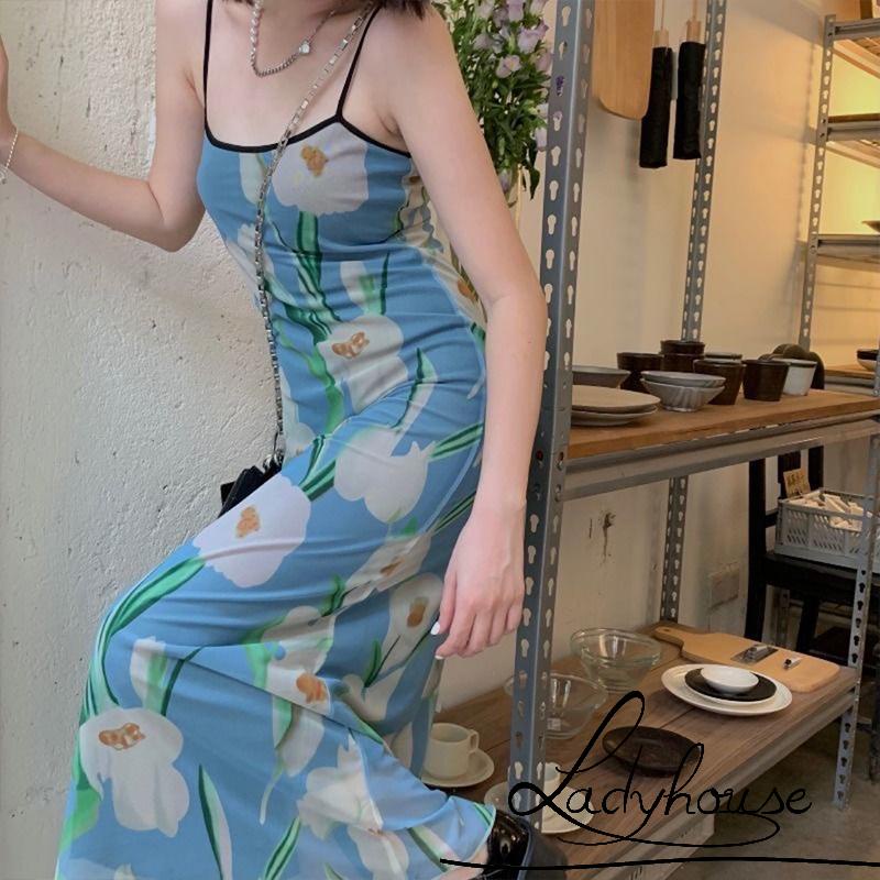 Đầm Dài Hai Dây Ôm Dáng In Hoa Thời Trang Gợi Cảm Cho Nữ