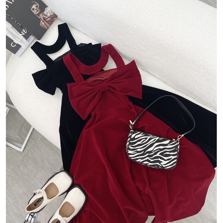 ĐẦM NHUNG MIDI CHOKER NƠ LƯNG