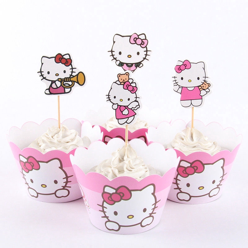 24pcs Happy Birthday Kitty Cupcake Wrappers Toppers