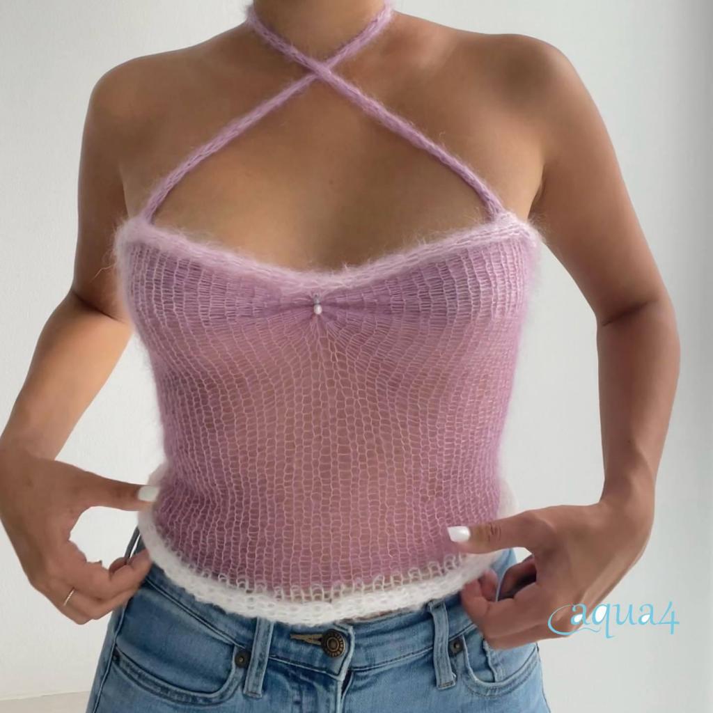 Áo Crop Top Hai Dây Dệt Kim Mini Hở Lưng Phong Cách Vintage Đáng Yêu Thời Trang Mùa Hè 2000s Cho Nữ