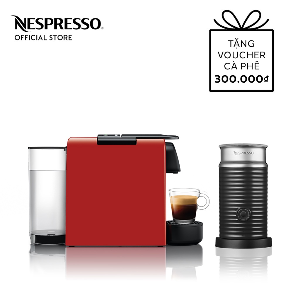 Bộ máy pha cà phê Nespresso Essenza Mini - Đỏ &amp; máy đánh sữa Aeroccino 3