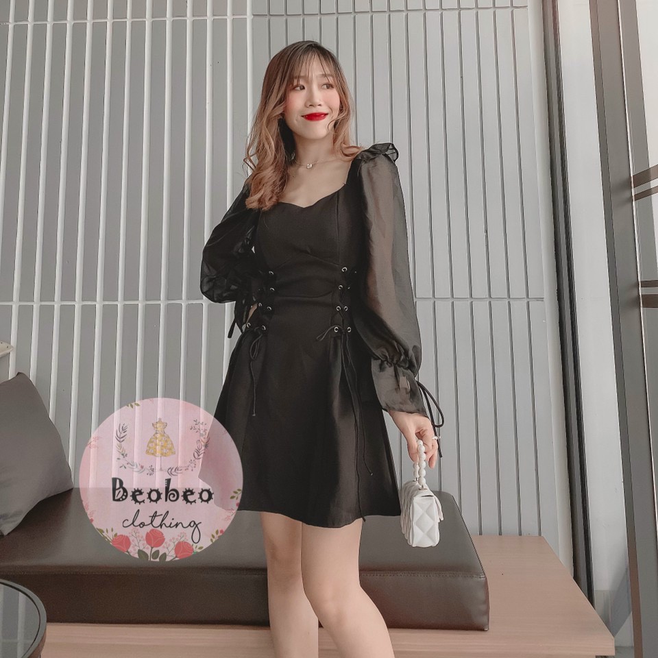 Đầm đen cổ u tay voan phồng đan dây eo vintage