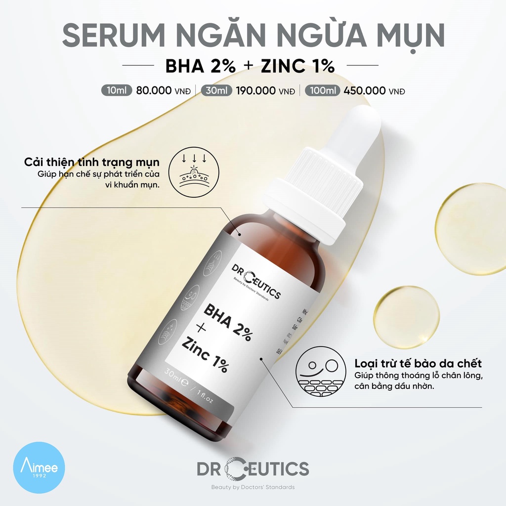 Serum BHA 2% + ZinC 1% DrCeutics Giảm Mụn Và Giảm Sưng Mụn 30ml [Aimee1992]