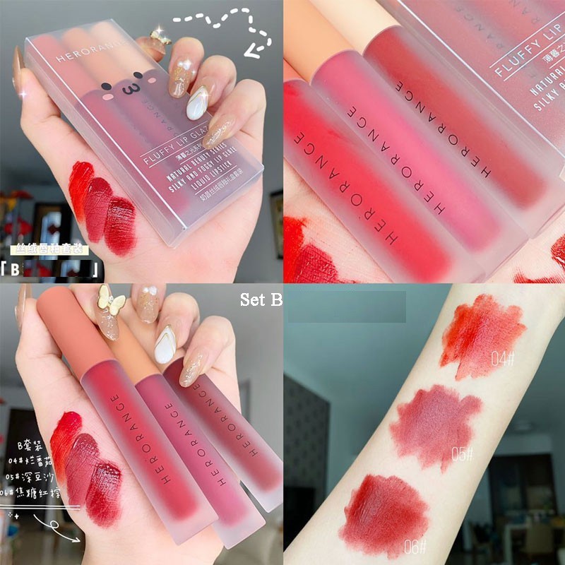 Son Kem ✅FREESHIP✅ Set 3 Cây Son Kem Lì Herorange Fluffy Lip Glaze | Thế Giới Skin Care