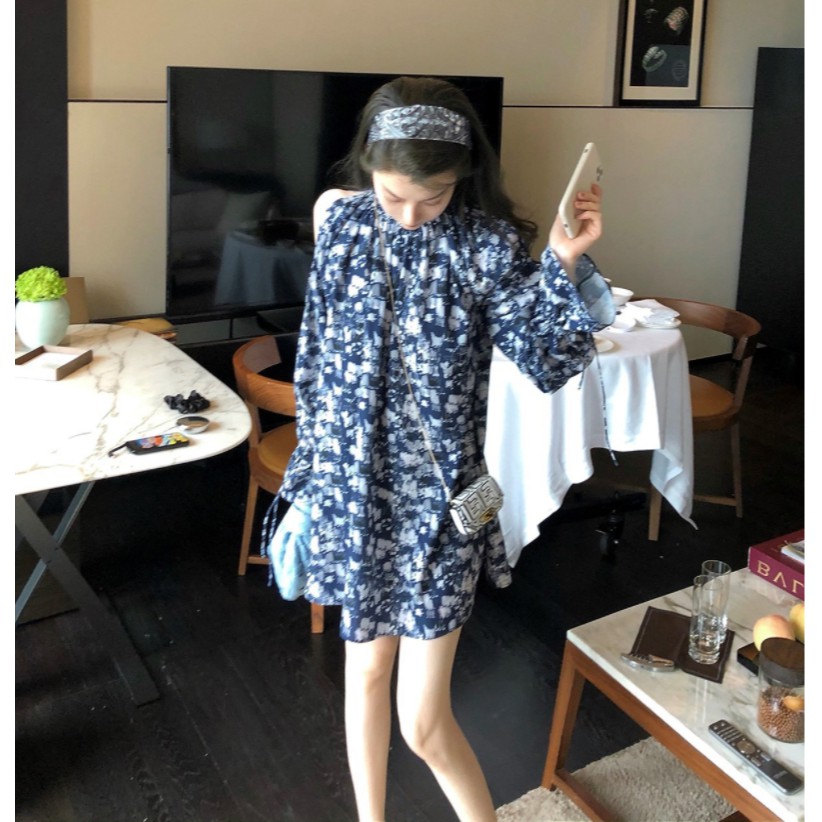 [SALE CHÀO HÈ] Váy hoa nhí chất liệu thun co giãn 4 chiều hở vai màu xanh dương siêu hot hit | BigBuy360 - bigbuy360.vn